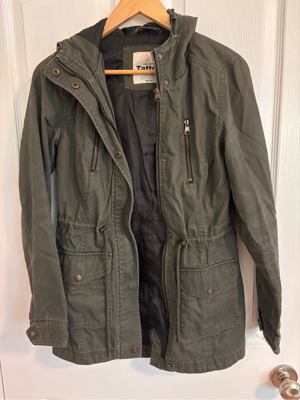 Olive Green Utility Jacket with Hood and Drawstring Waist